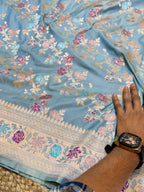Prebook | Powder Blue Pure Banarasi Katan Silk Meenakari Saree