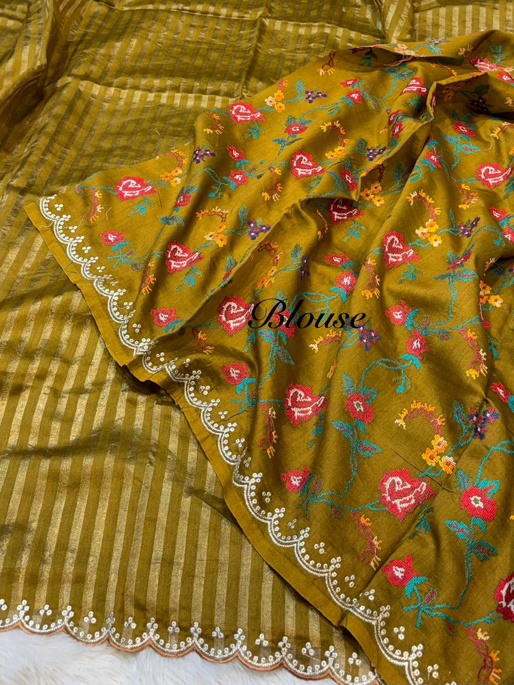 Olive 100% Pure Handloom Mul Cotton Stripes Tissue Silk Partywear Banarasi Embroidery Lightweight Sarees