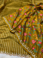 Olive 100% Pure Handloom Mul Cotton Stripes Tissue Silk Partywear Banarasi Embroidery Lightweight Sarees