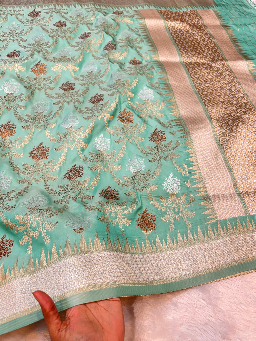 Sea Green Banarasi SemiKatan Silk Partywear Saree