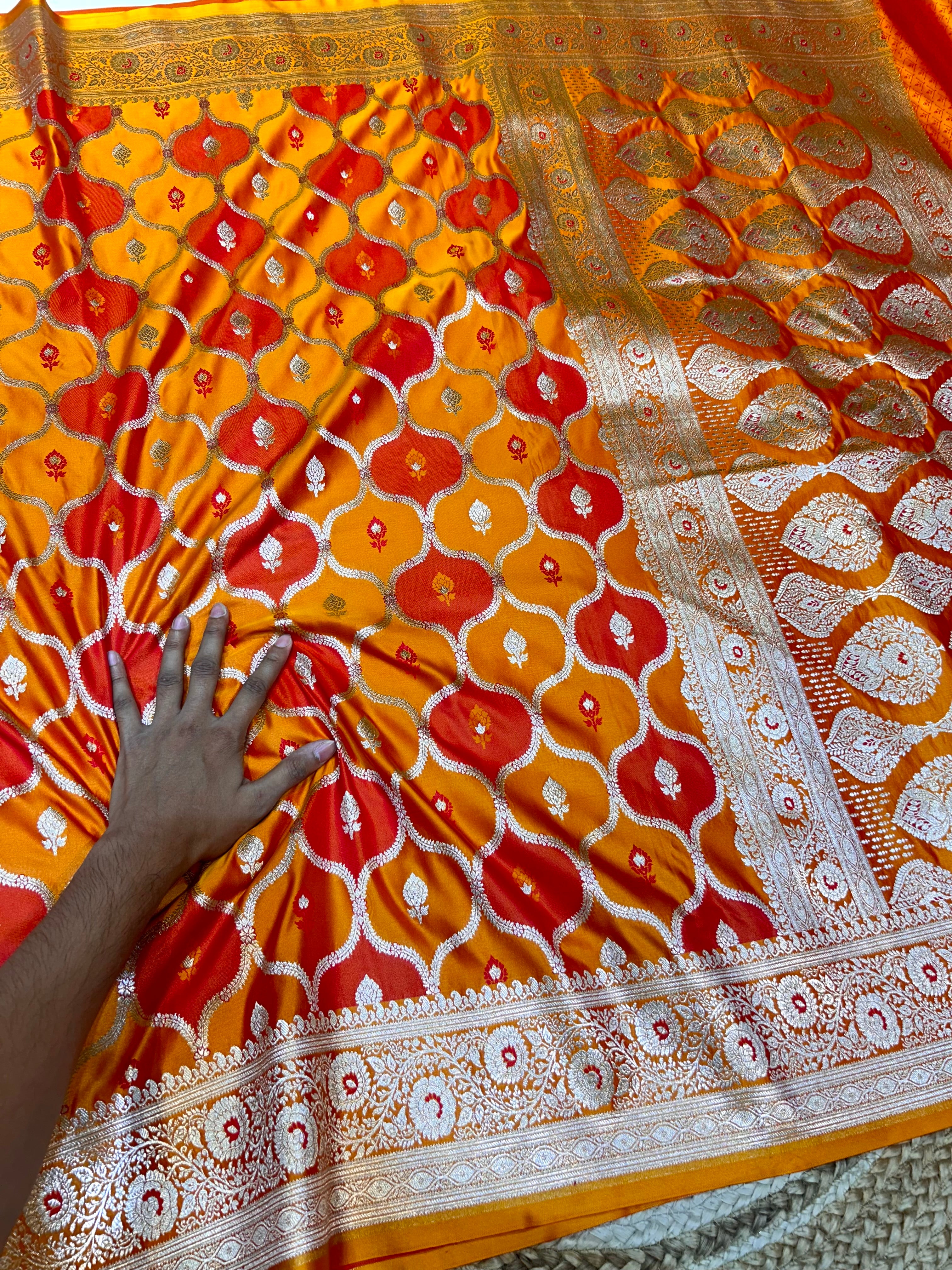 Fanta Orange Banarasi Soft RANGKAAT Mashru Silk Partywear Saree
