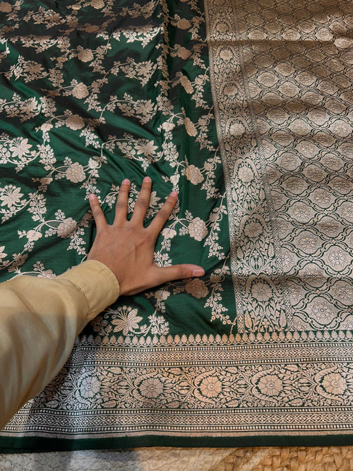 Bottle Green 100% Pure Banarasi Katan Silk Saree