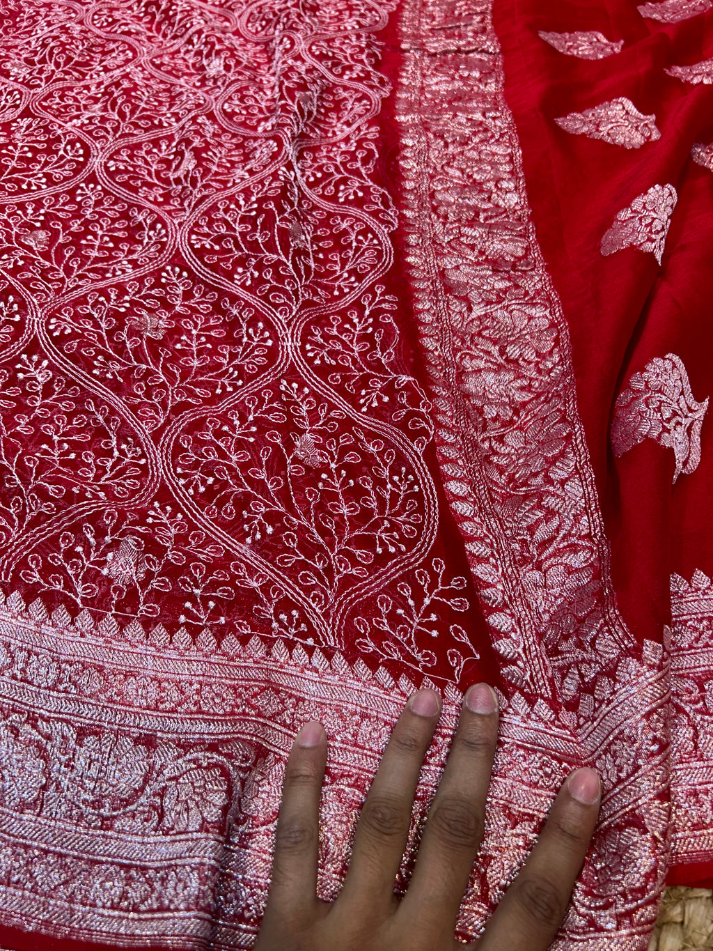 Red 100% Pure Khaddi Georgette Silver Zari ChikanKari Handloom Saree
