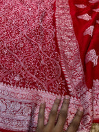 Red 100% Pure Khaddi Georgette Silver Zari ChikanKari Handloom Saree