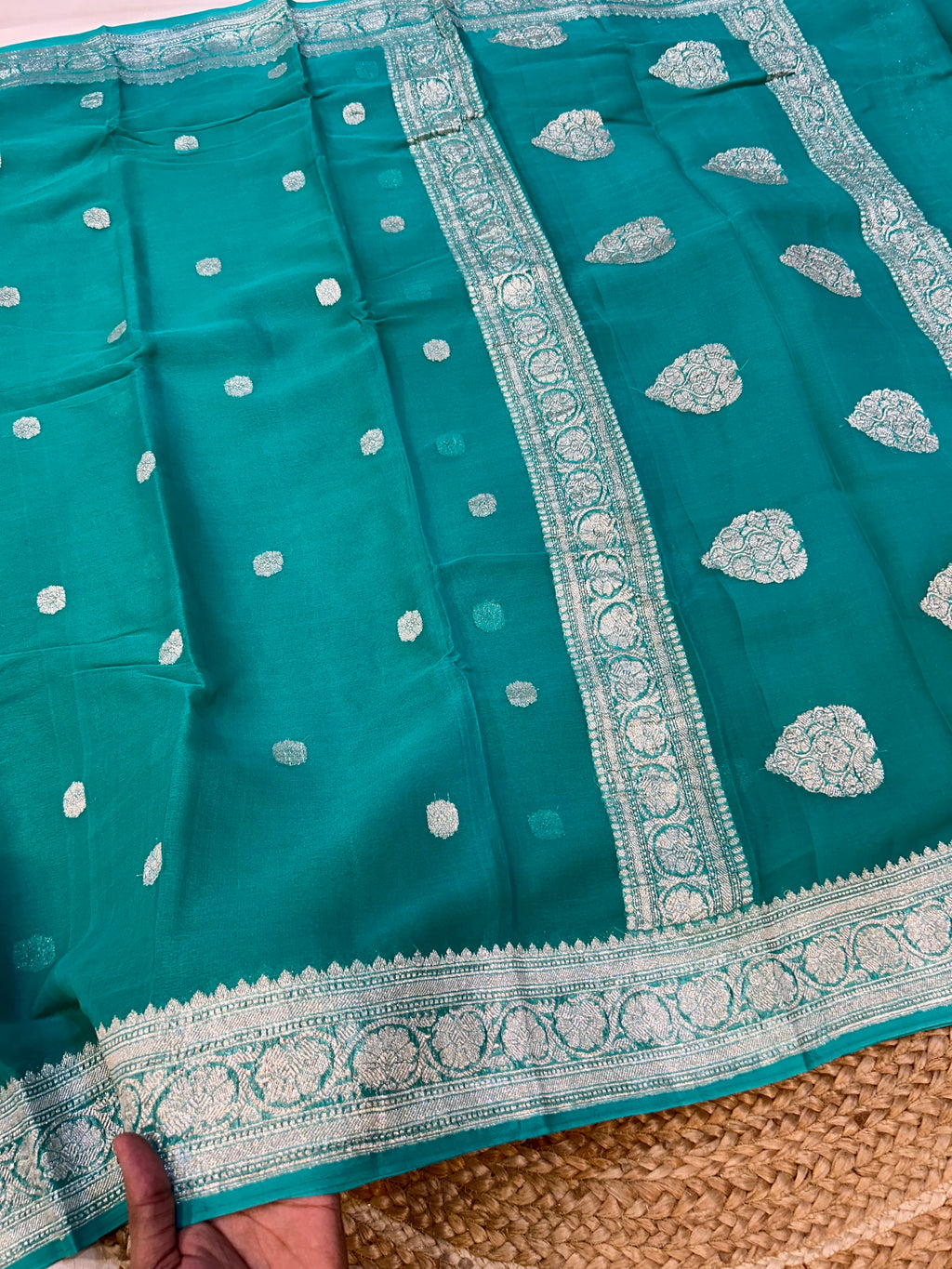 Sea Green Pure Khaddi Georgette Silver Zari Border Buta Anchal Buti Design Saree