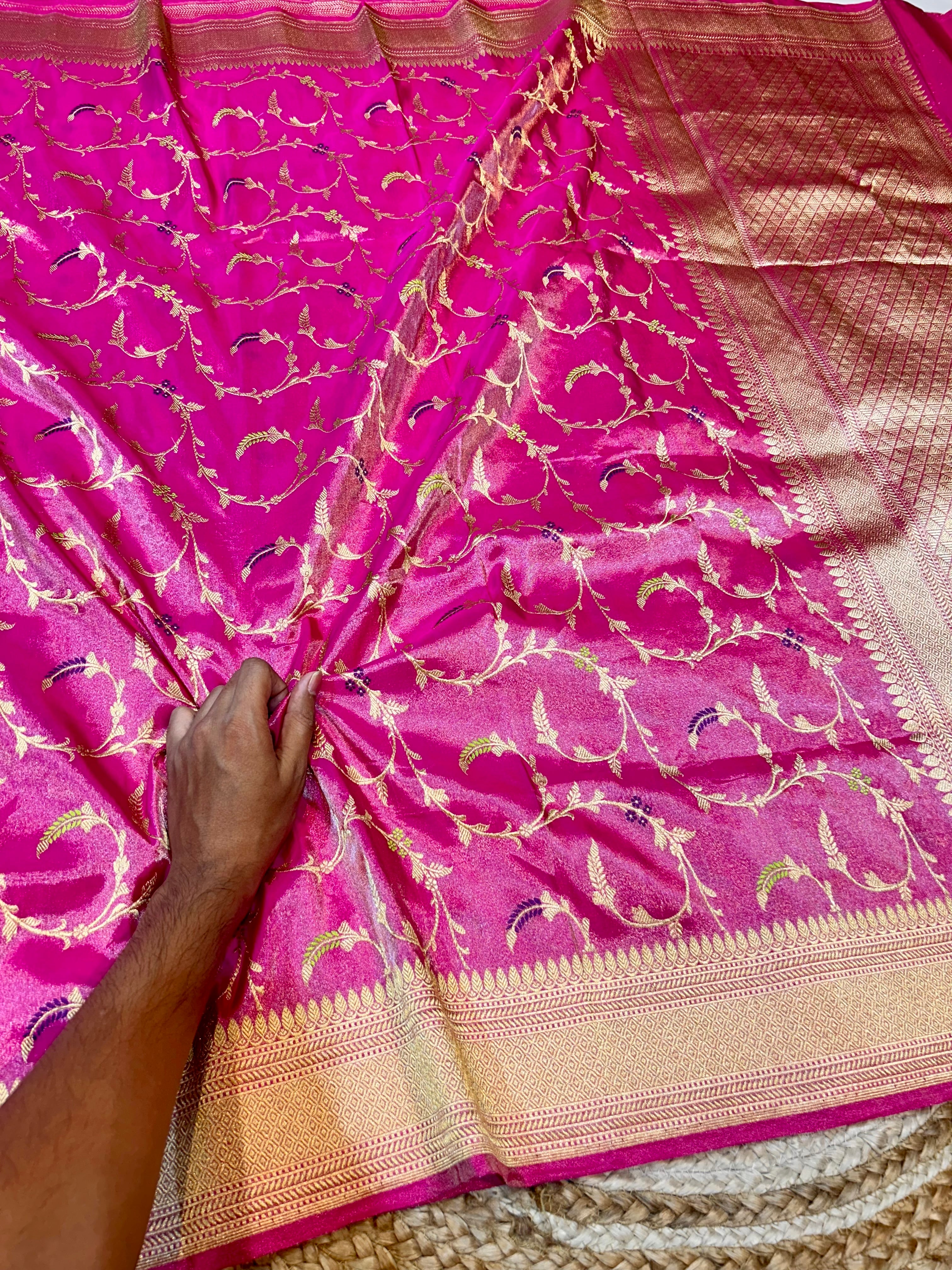 Magenta Pink 100% Pure Banarasi Tissue Silk Handloom Handwoven Saree