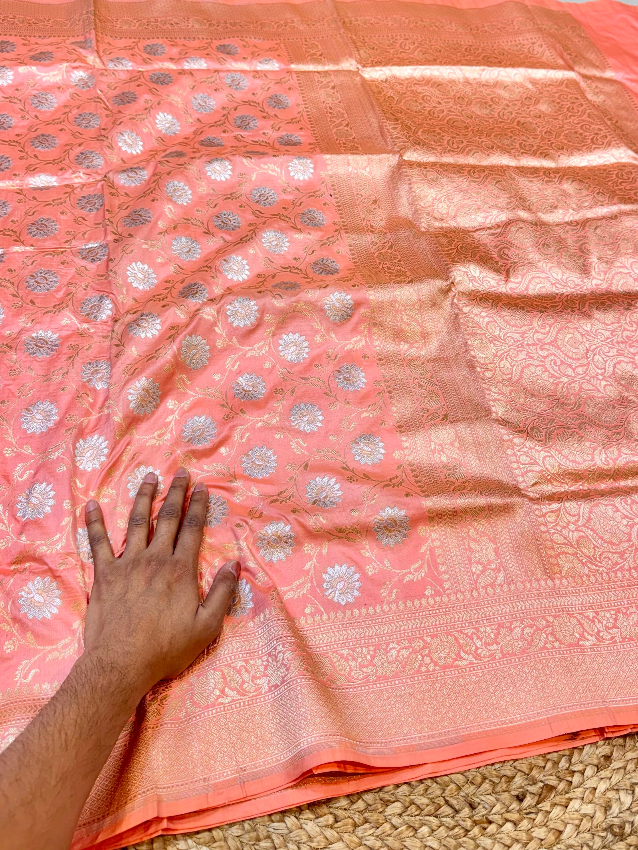 Pastel Peach 100% Pure Banarasi Katan Silk Meenakari Saree
