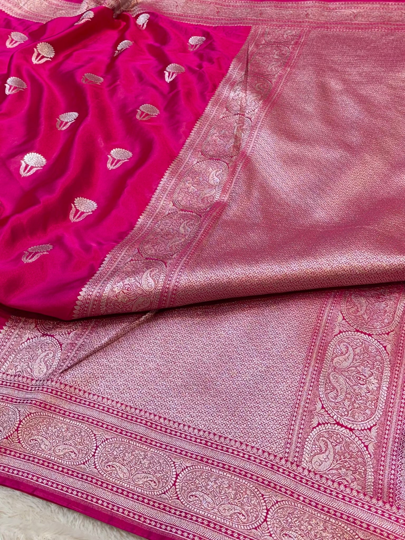Rani Pink Banarasi Soft Meenakari Mashru Silk Partywear Saree