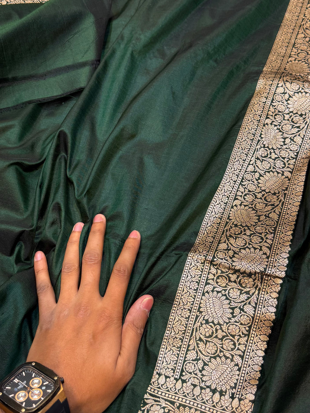 Bottle Green Pure Banarasi Katan Silk Saree