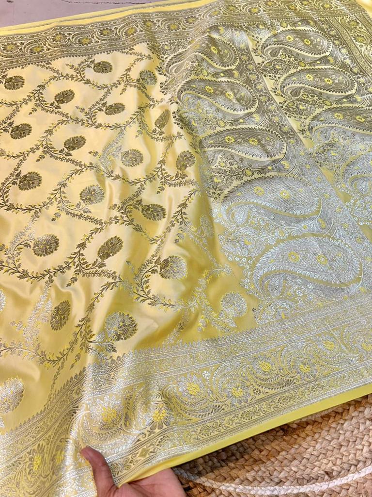 Lemon Yellow Banarasi Soft Meenakari Mashru Silk Partywear Saree