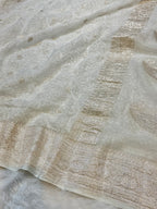 Milky White 100% Pure Khaddi Georgette Silver Zari ChikanKari Handloom Saree