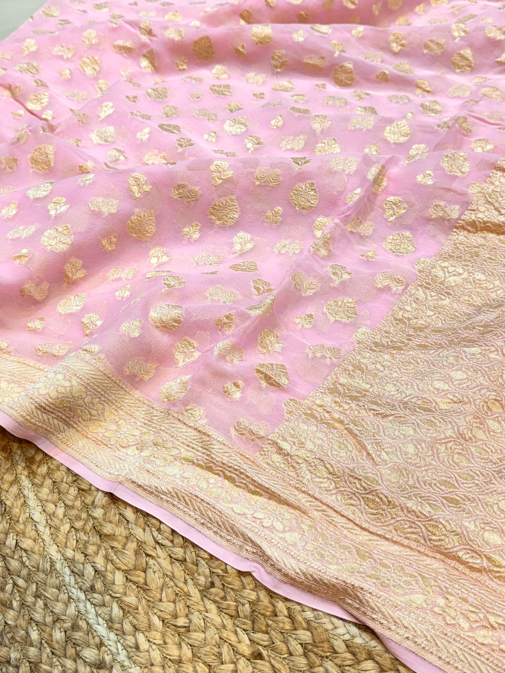 Baby Pink 100% Pure Banarasi Premium Khaddi Georgette Saree