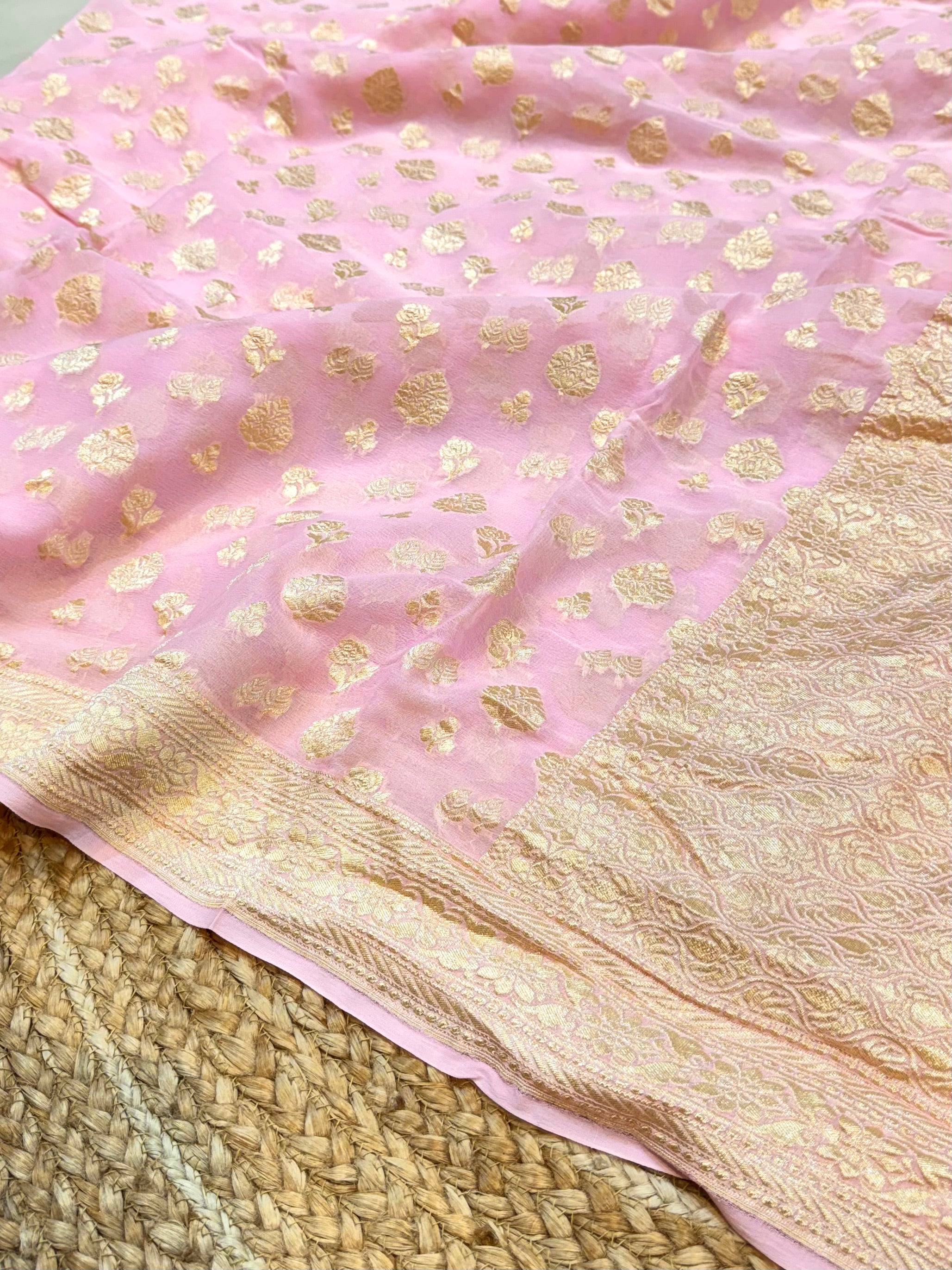 Baby Pink 100% Pure Banarasi Premium Khaddi Georgette Saree