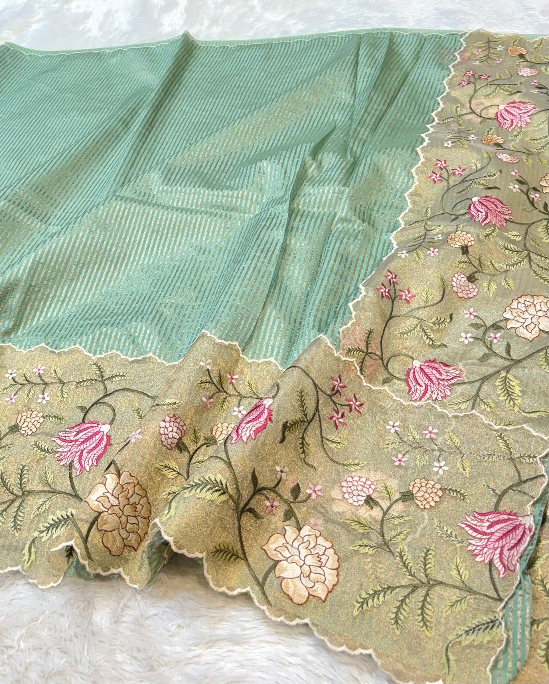 Light Sea Green Tissue Silk Partywear Banarasi Embroidery Tissue Border Lightweight Sarees