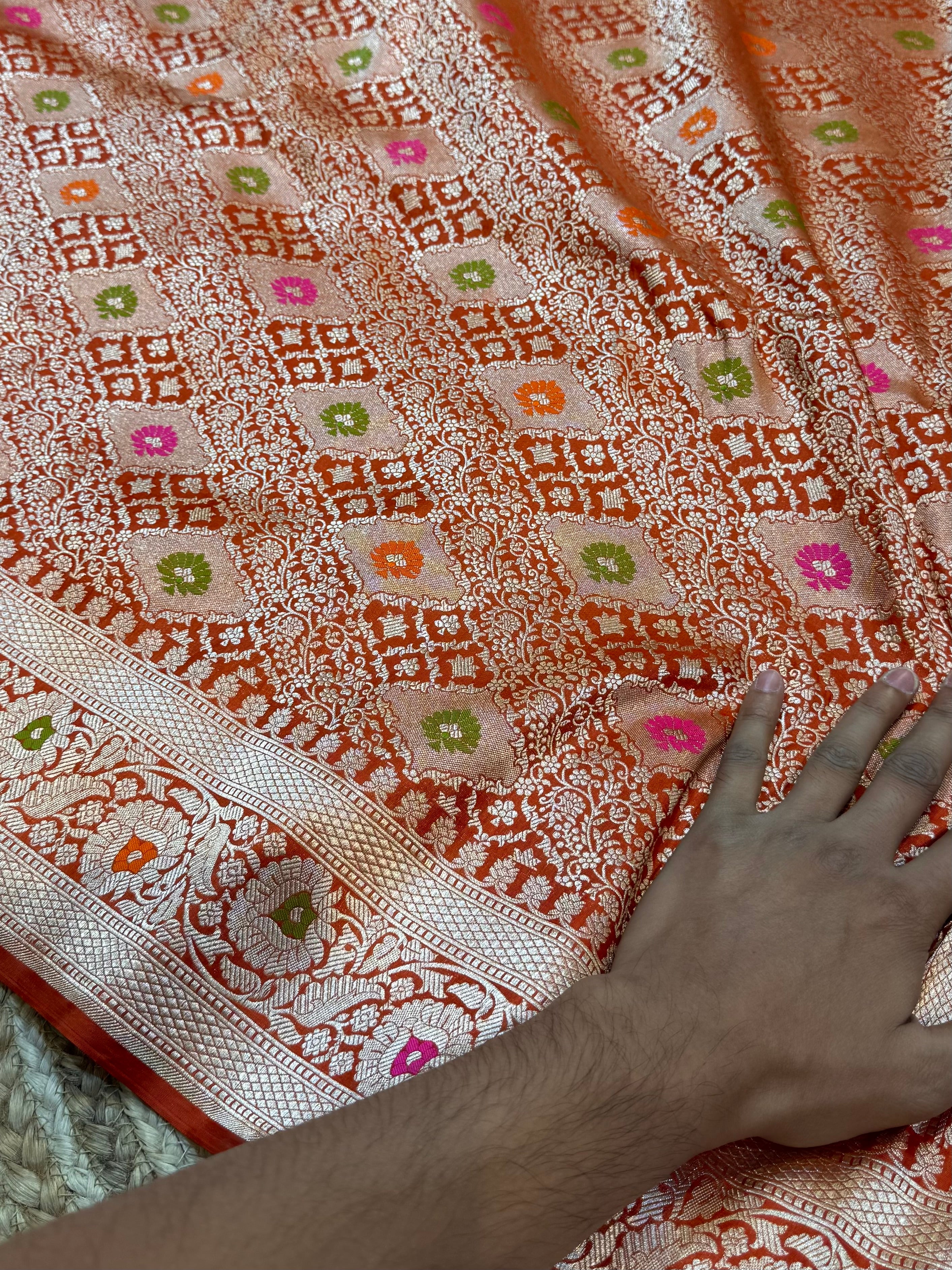 Rust Orange 100% Pure Banarasi Katan Silk Meenakari Brocade Saree
