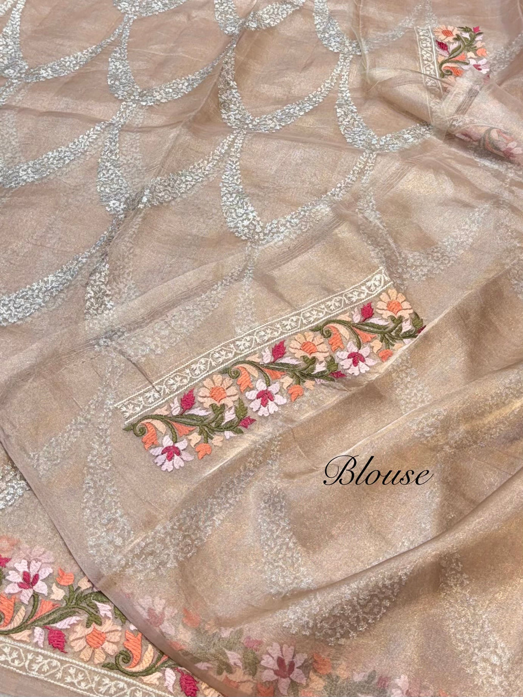 Watery Beige 100% Pure Handloom Tissue Silk Partywear Banarasi Embroidery Lightweight Saree