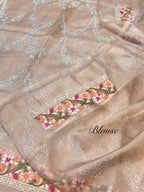 Watery Beige 100% Pure Handloom Tissue Silk Partywear Banarasi Embroidery Lightweight Saree