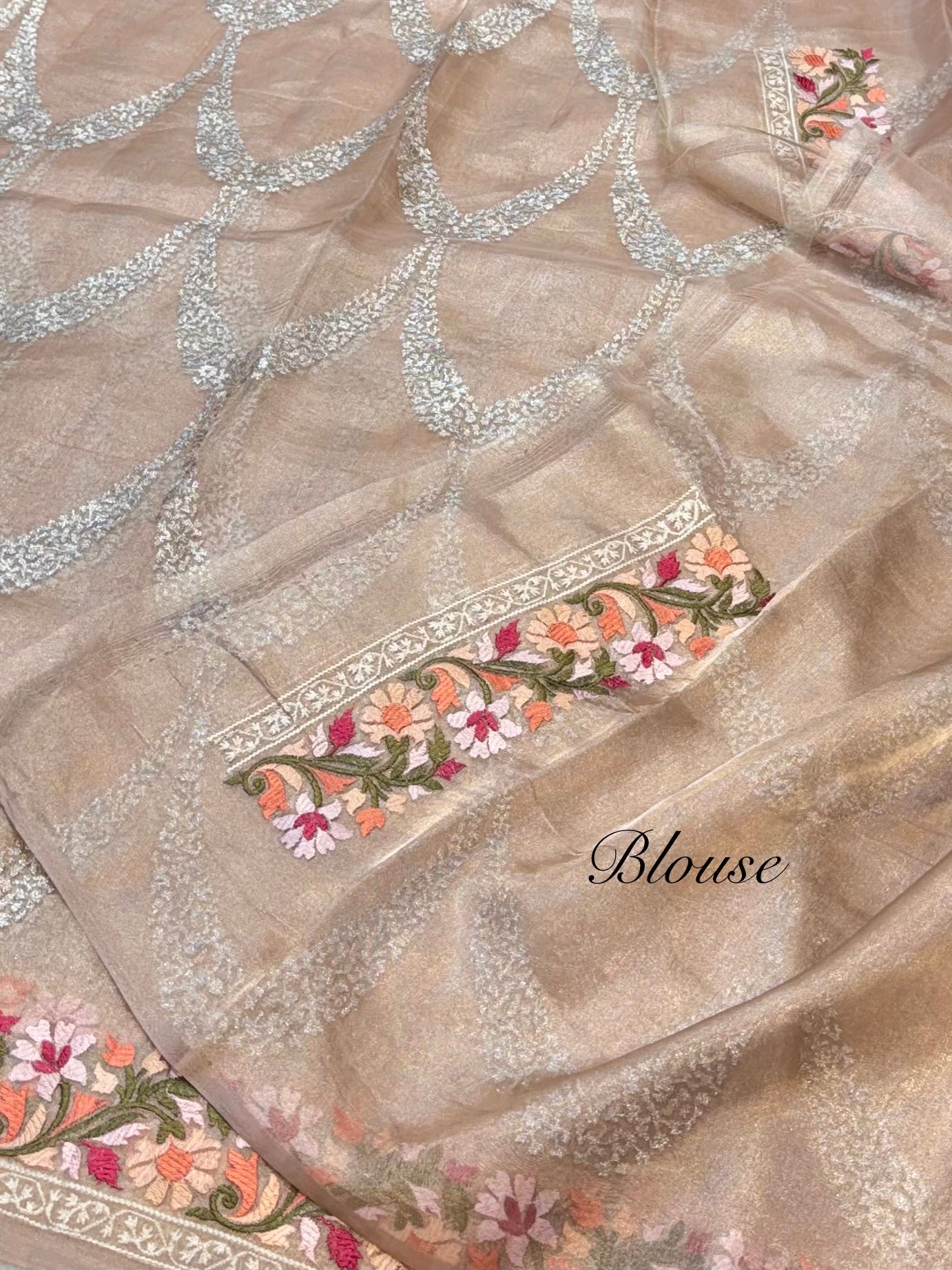 Watery Beige 100% Pure Handloom Tissue Silk Partywear Banarasi Embroidery Lightweight Saree