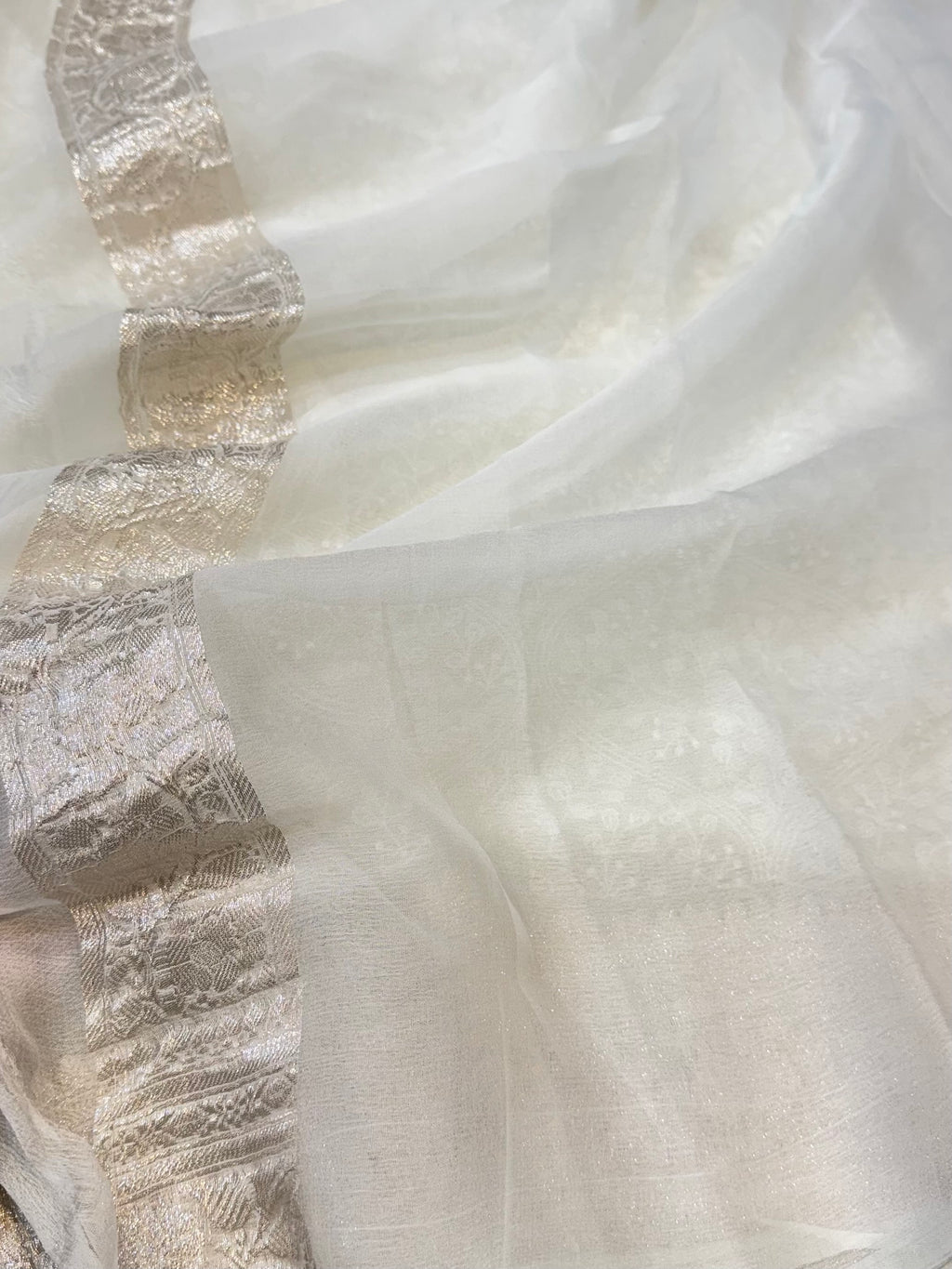 Milky White 100% Pure Khaddi Georgette Silver Zari ChikanKari Handloom Saree