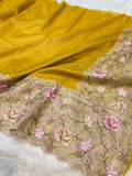 Sunflower Yellow Tissue Silk Partywear Banarasi Embroidery Tissue Border Lightweight Sarees