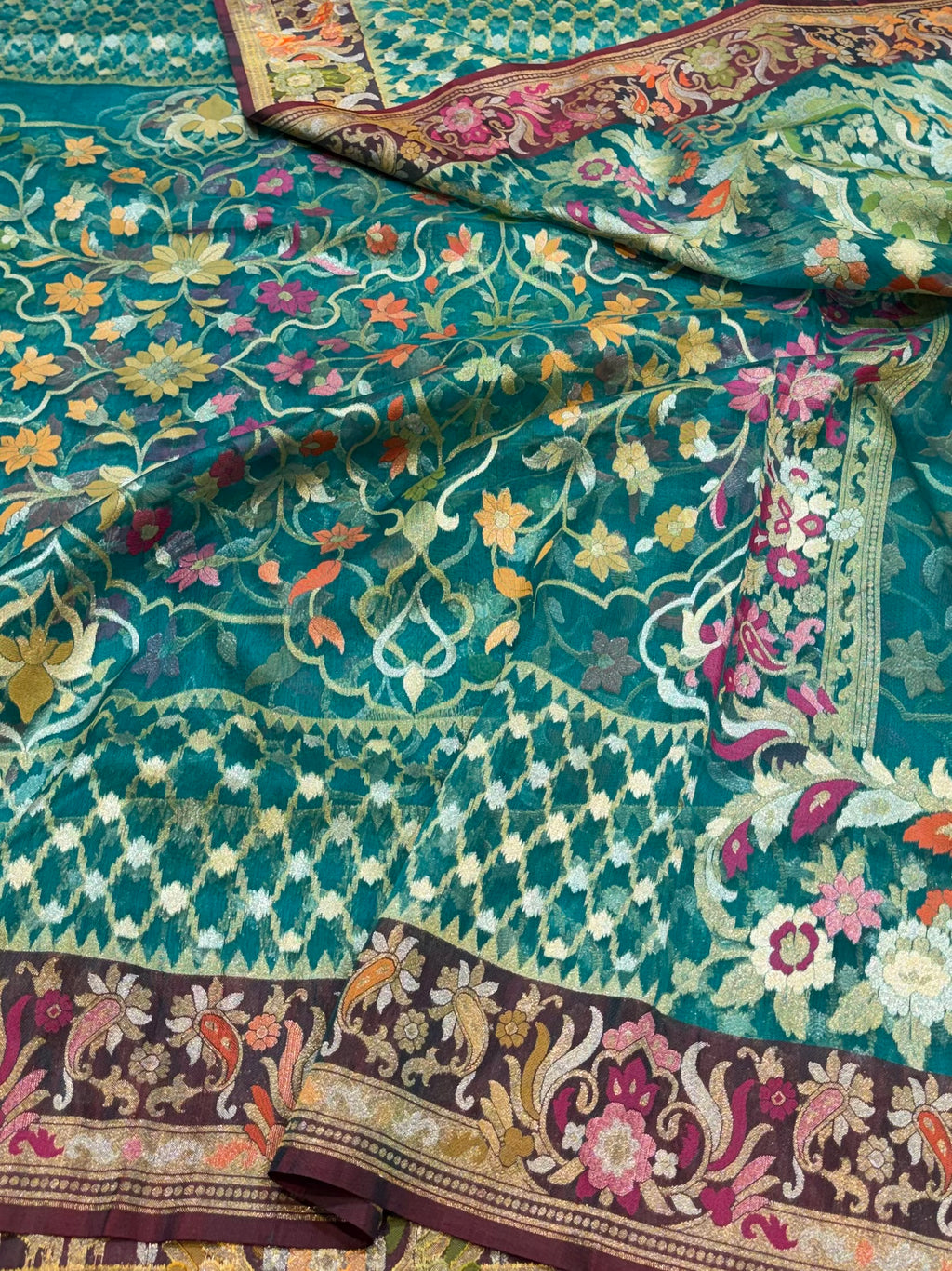 Peacock Green 100% Pure Ektara Banarasi Kora Jamdani Saree