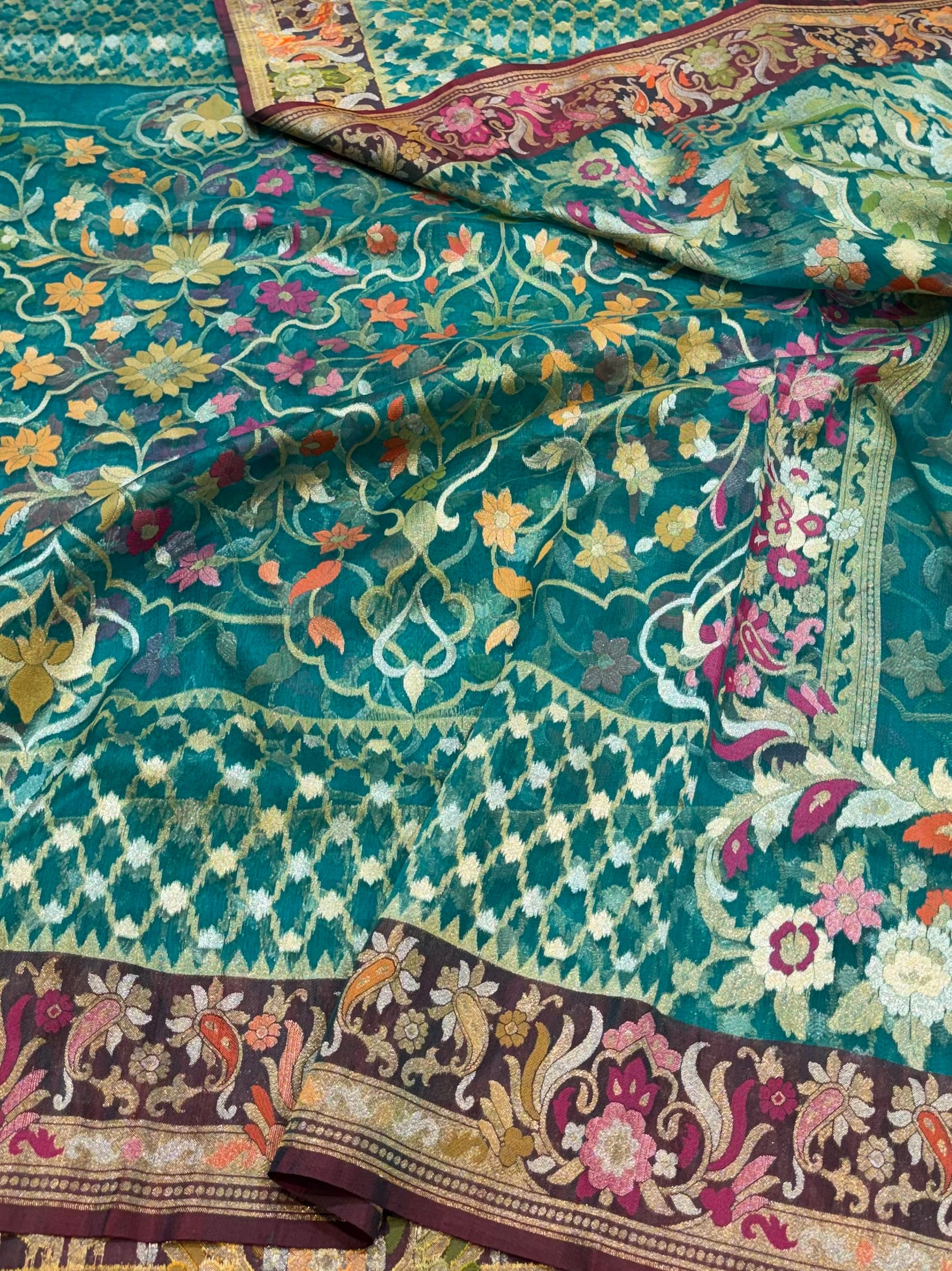 Peacock Green 100% Pure Ektara Banarasi Kora Jamdani Saree