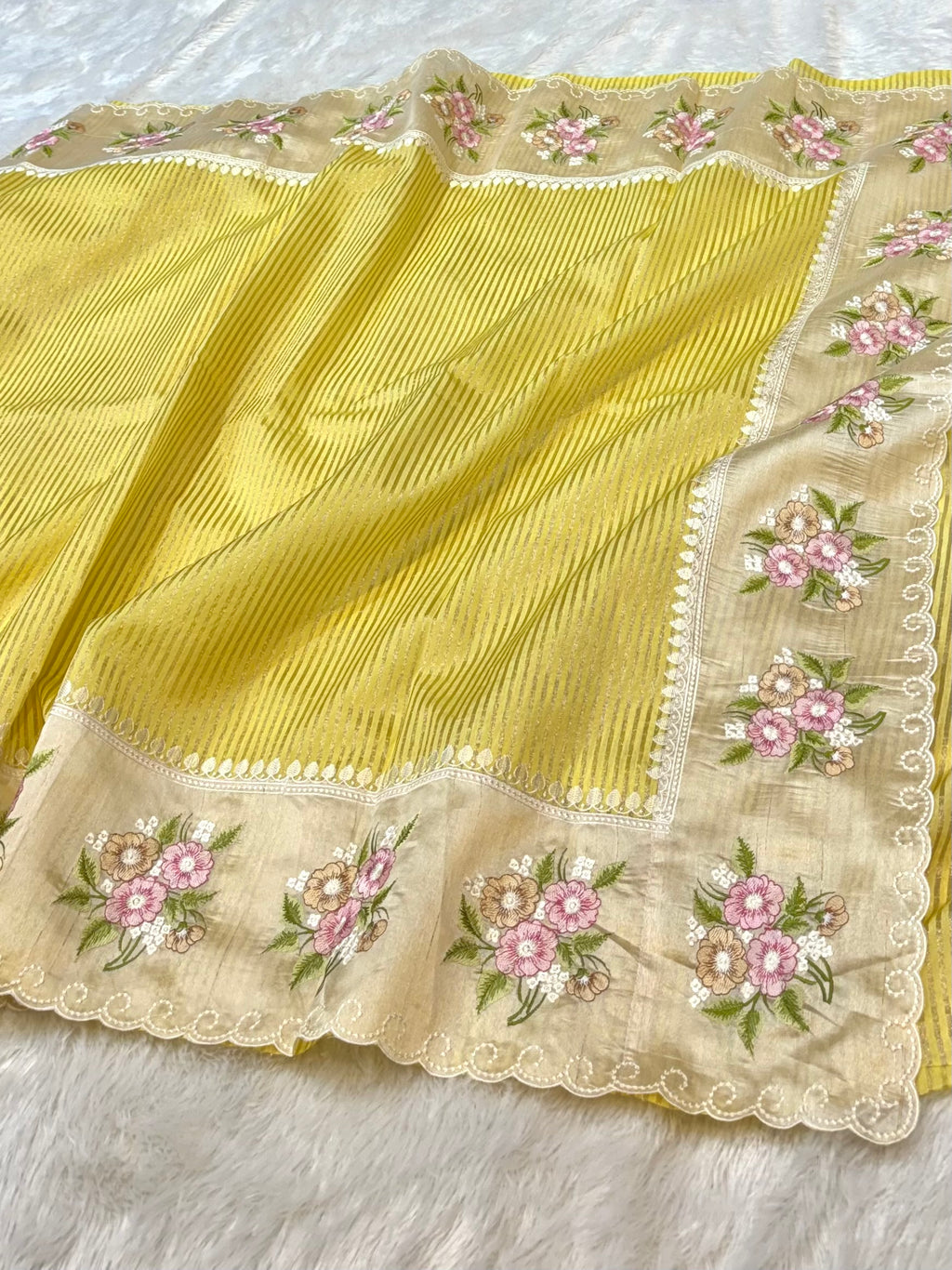 Yellow Tissue Silk Partywear Banarasi Embroidery Tissue Border Lightweight Sarees