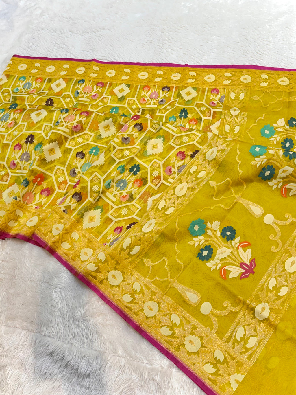 Lemon Banarasi Ektara Kora Jamdani Saree