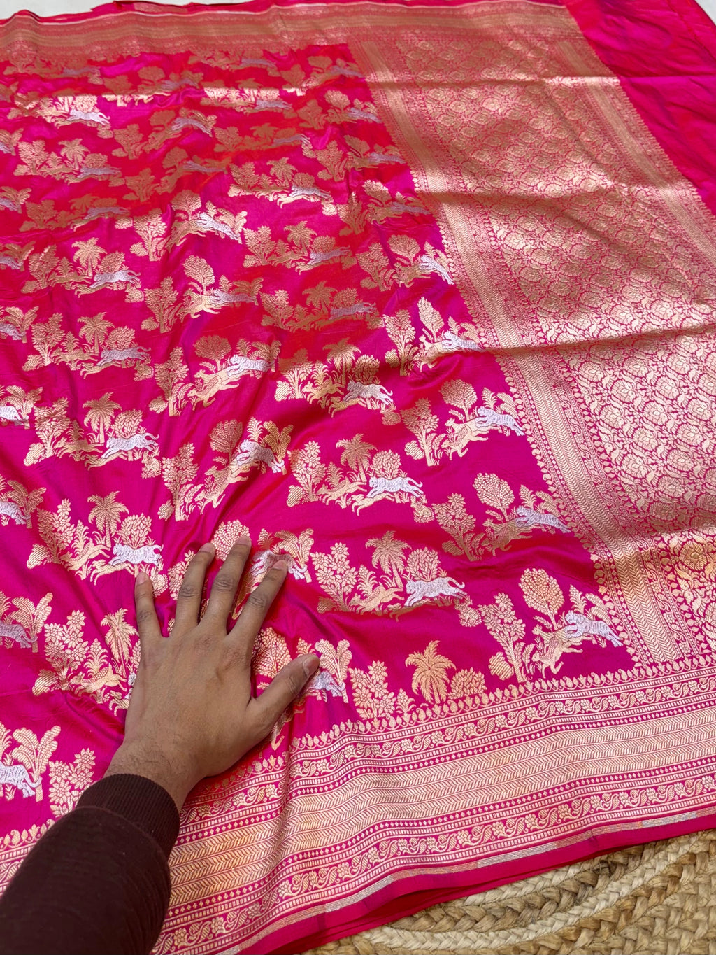 Rani Pink 100% Pure Banarasi Katan Silk Meenakari Sareee