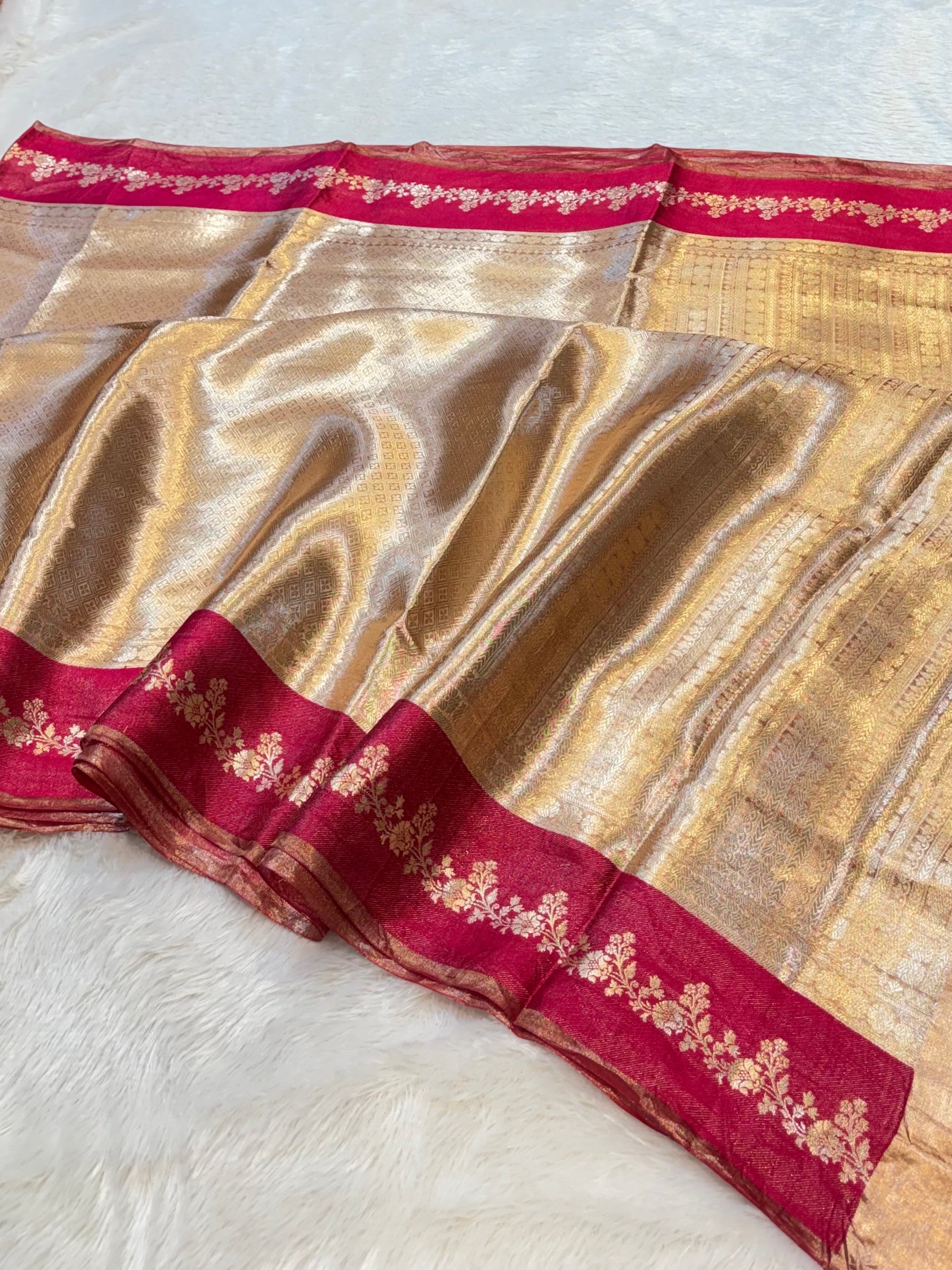 Rani Pink 100% Pure Banarasi Molten Tissue Silk Brocade Saree