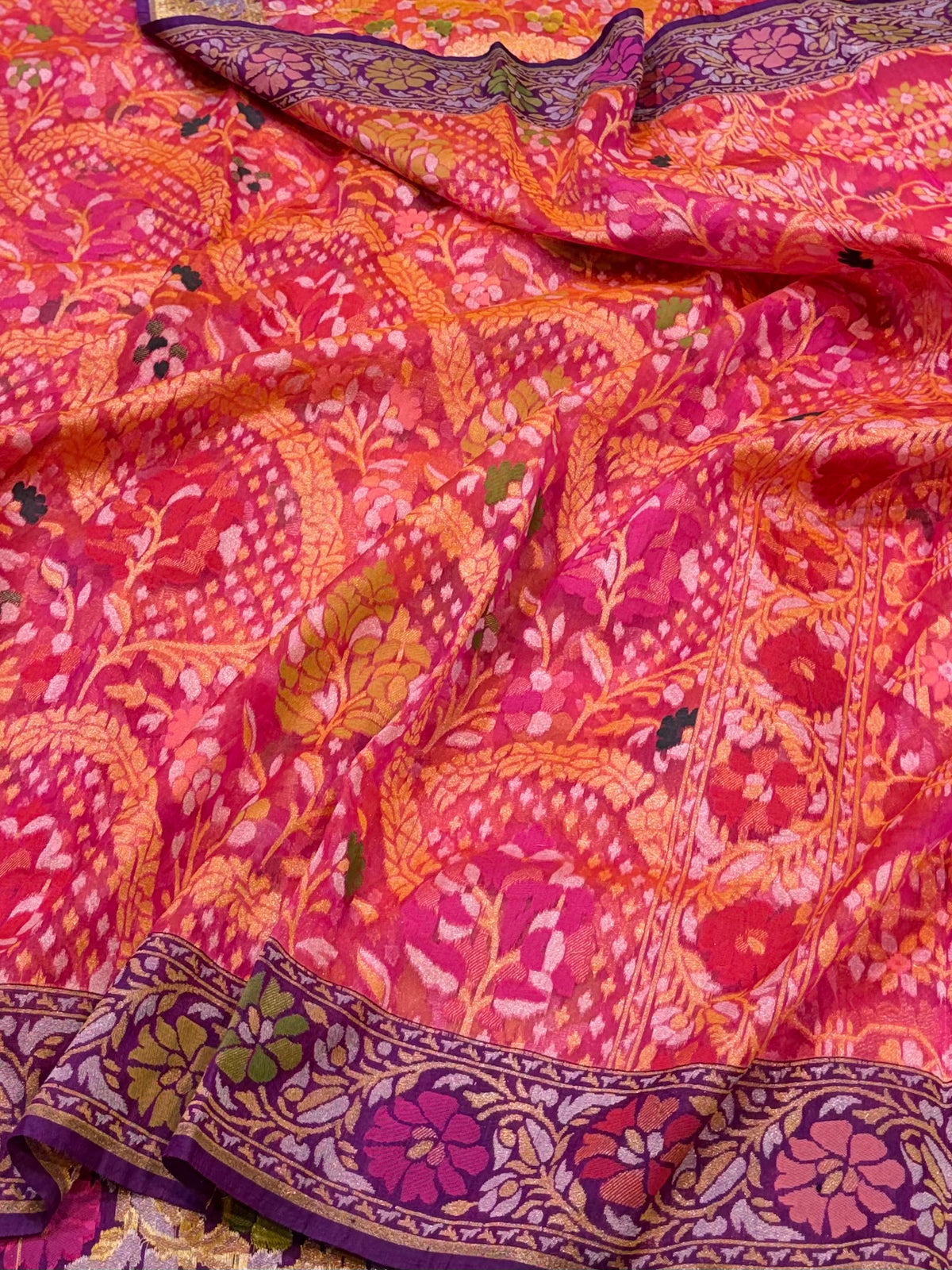 Rani Pink 100% Pure Ektara Banarasi Kora Jamdani Saree