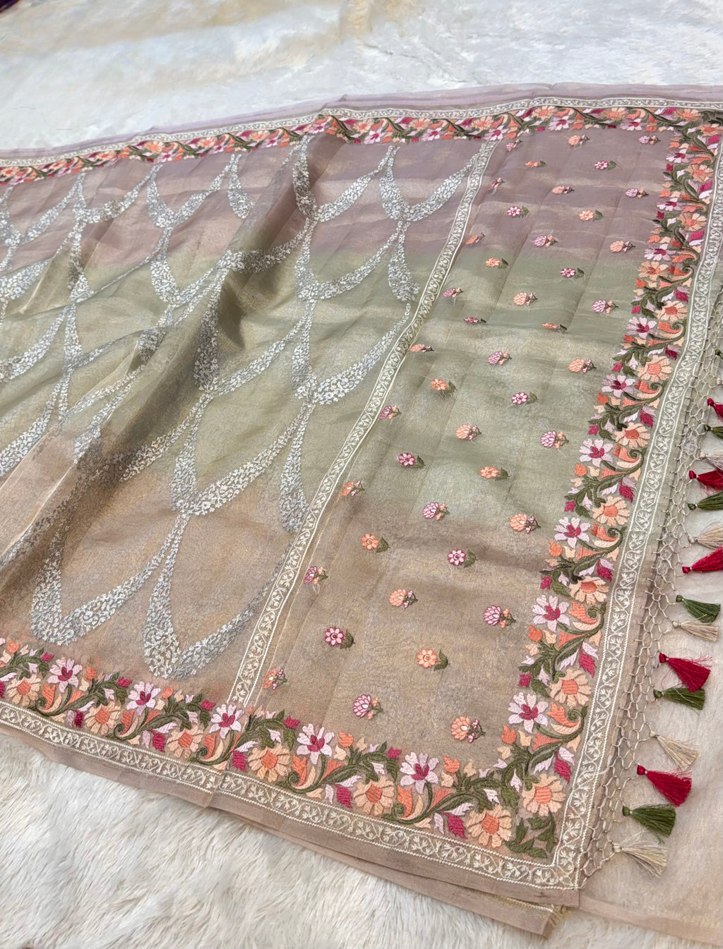 Watery Multicolour 100% Pure Handloom Tissue Silk Partywear Banarasi Embroidery Lightweight Saree