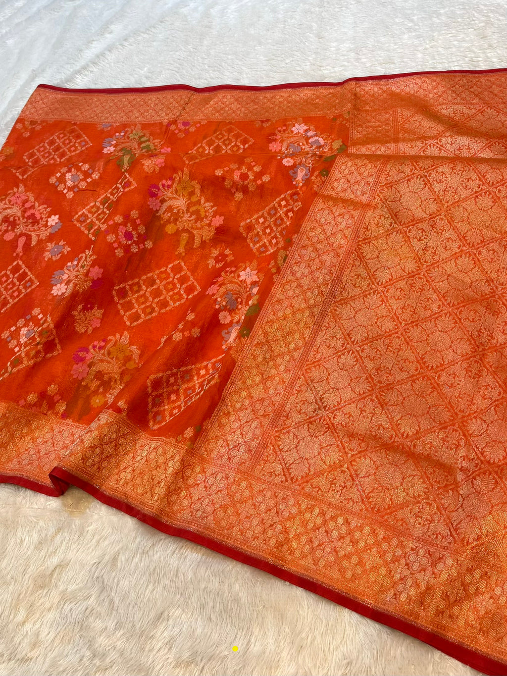 Prebook | Orange 100% Pure Ektara Banarasi Kora Jamdani Saree