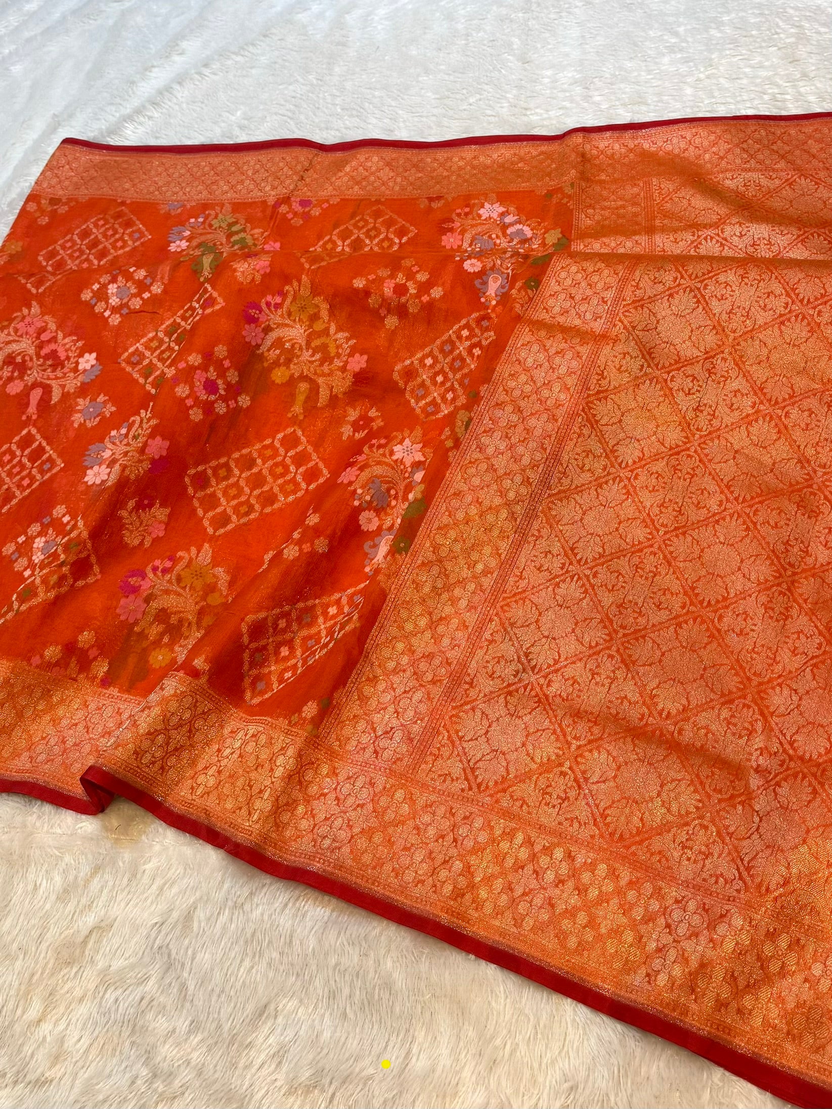 Prebook | Orange 100% Pure Ektara Banarasi Kora Jamdani Saree
