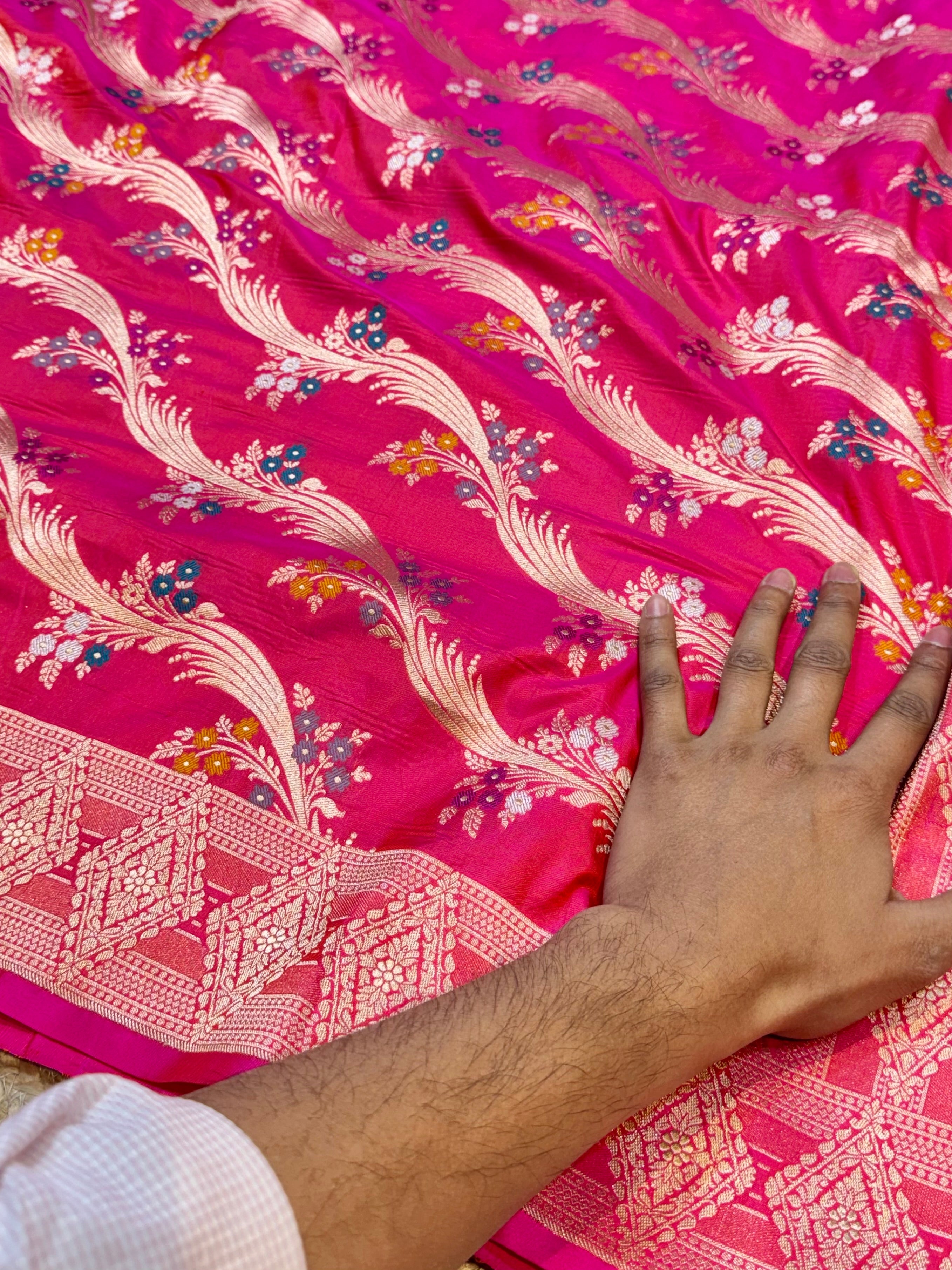 Dual shade Pink+Orange 100% Pure Banarasi Katan Silk Meenakari Saree