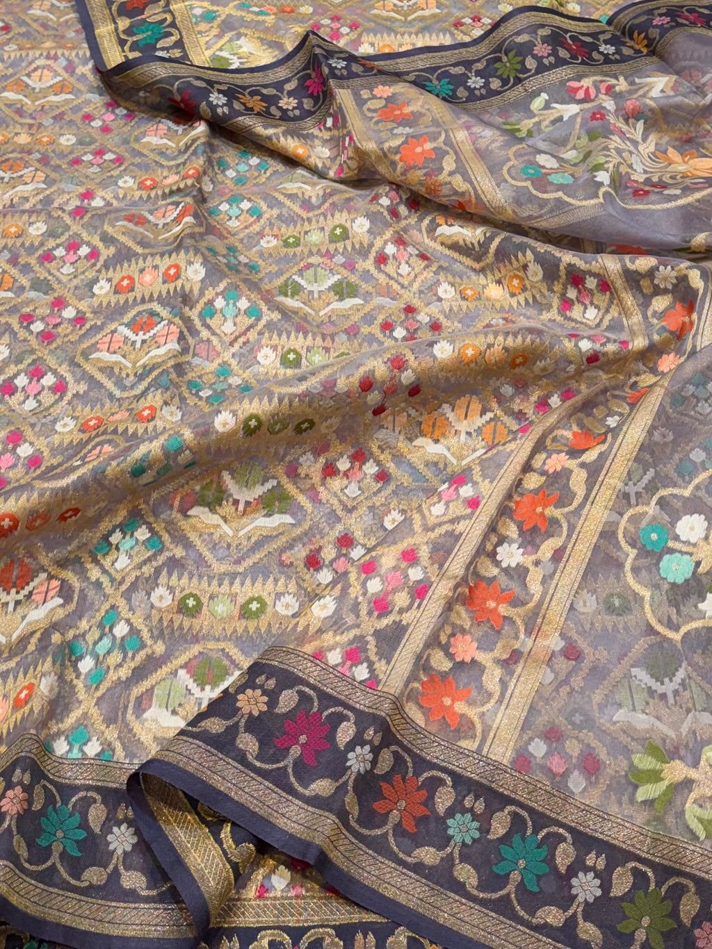 Prebook | Grey 100% Pure Ektara Banarasi Kora Jamdani Saree