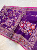 Violet Purple Pure Handloom Banarasi Ektara Kora Jamdani Saree