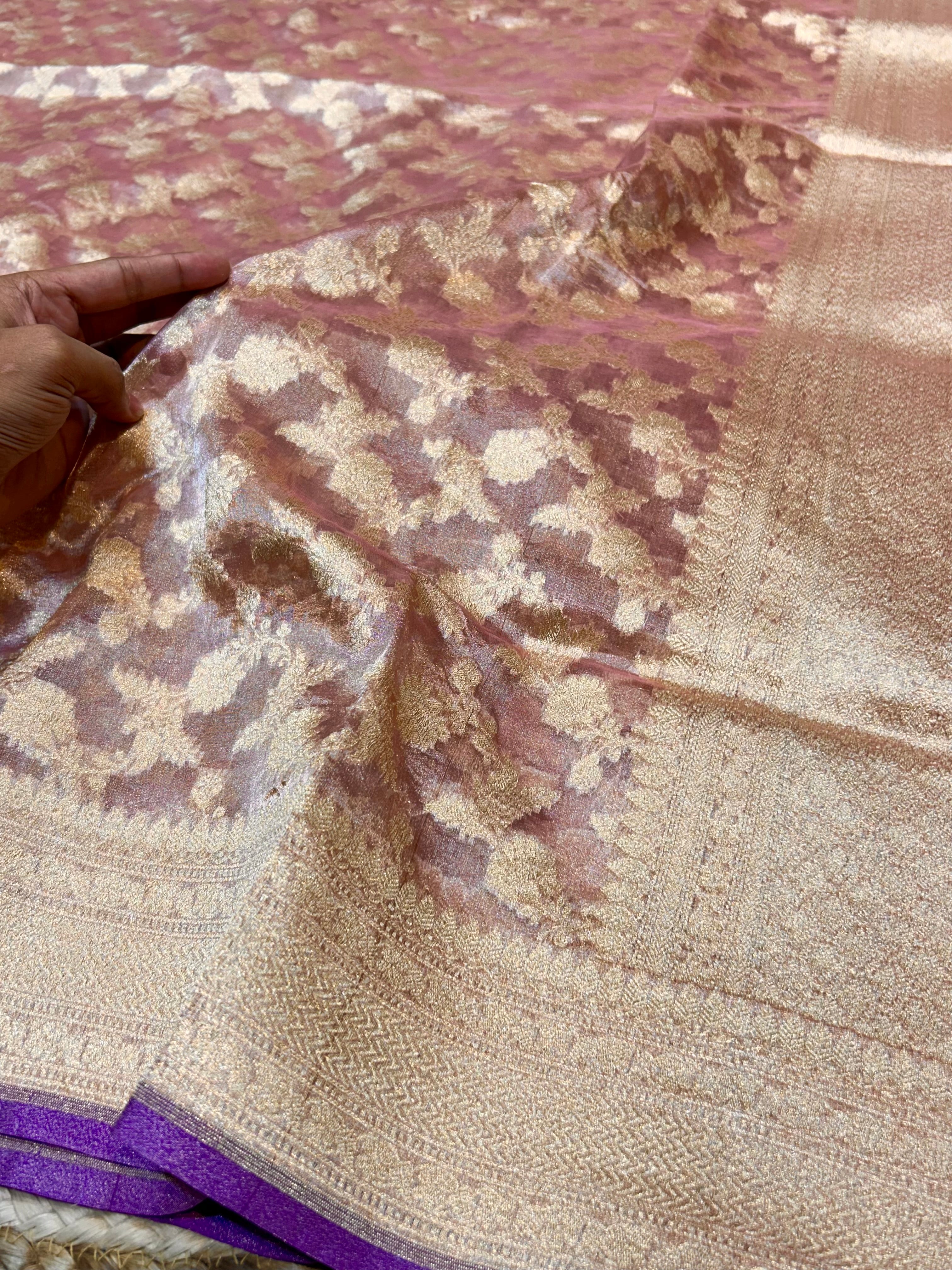Diamond Pink 100% Pure Tissue Silk Banarasi Partywear Saree
