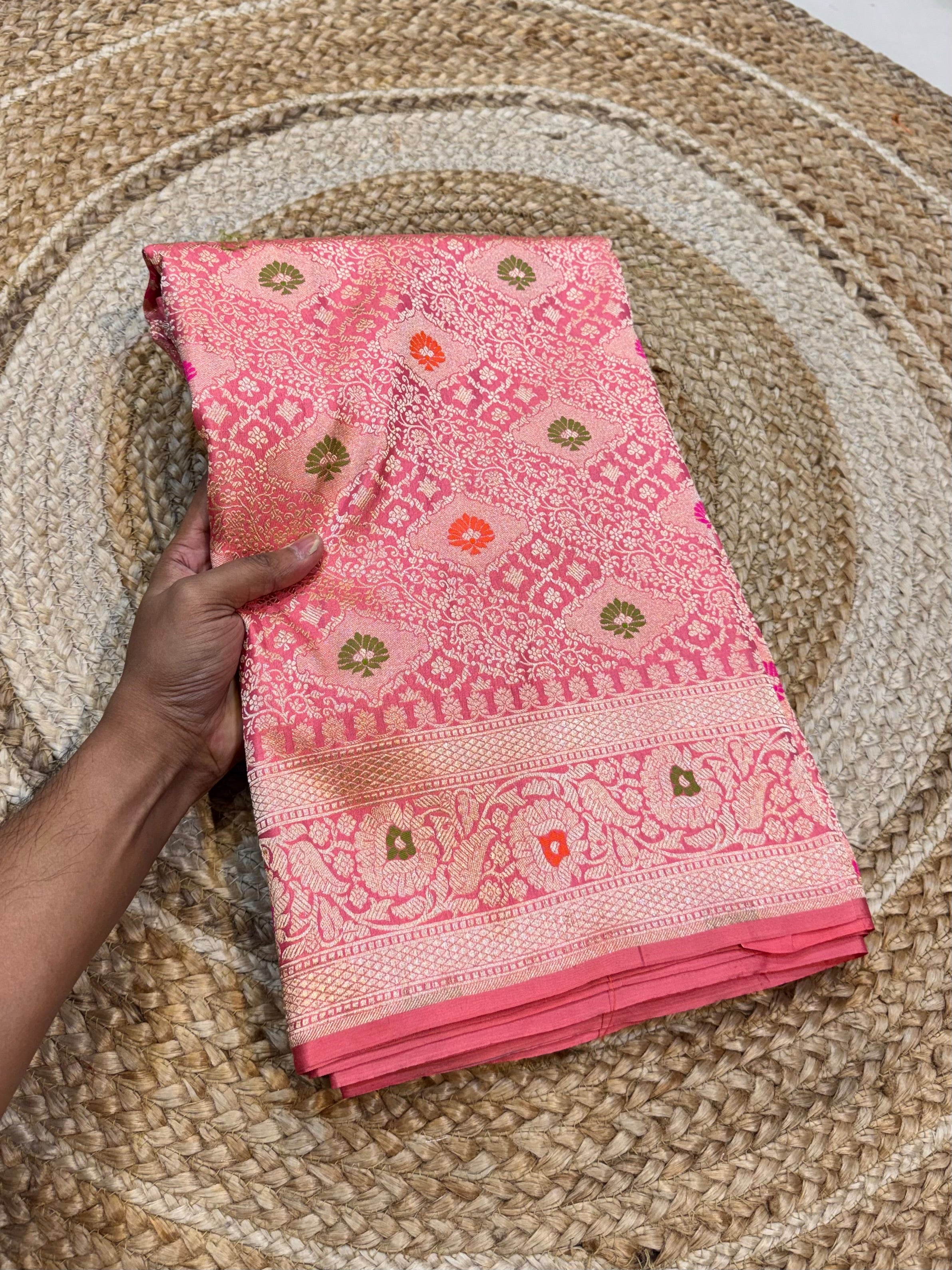 Baby Pink 100% Pure Banarasi Katan Silk Meenakari Brocade Saree