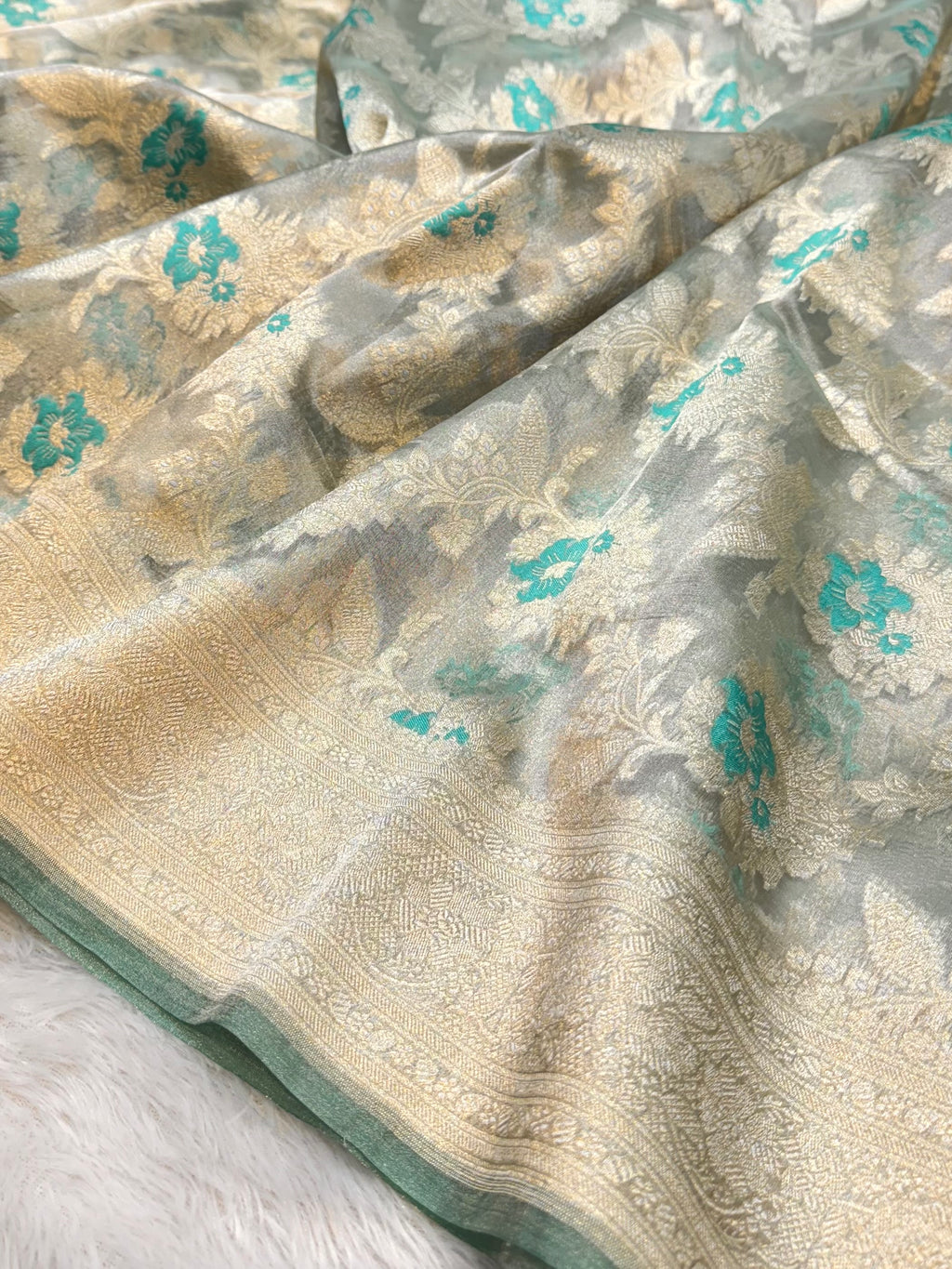Diamond Sea Green 100% Pure Tissue Silk Banarasi Partywear Saree