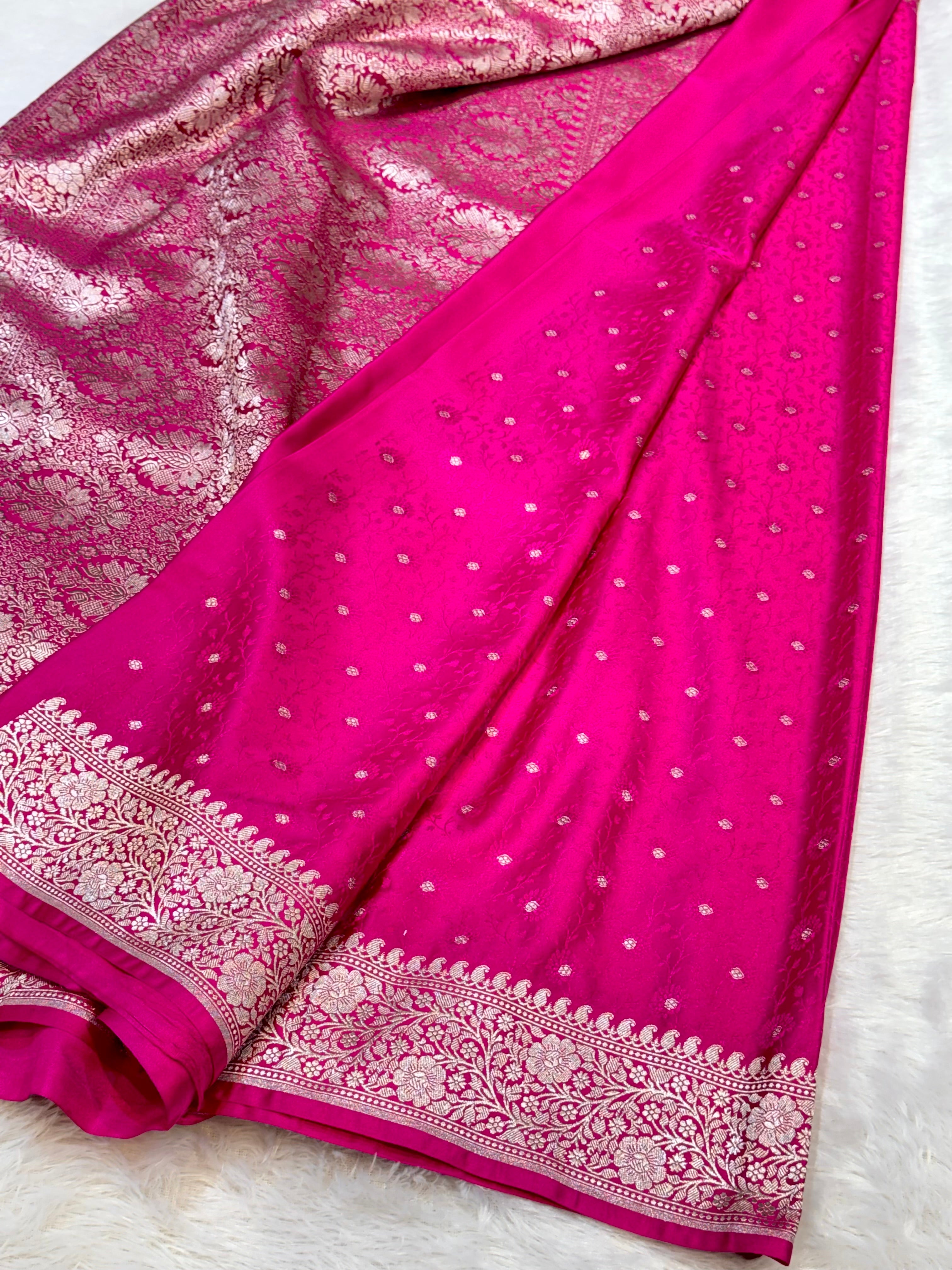 Rani Pink Banarasi Soft Meenakari Mashru Silk Partywear Saree