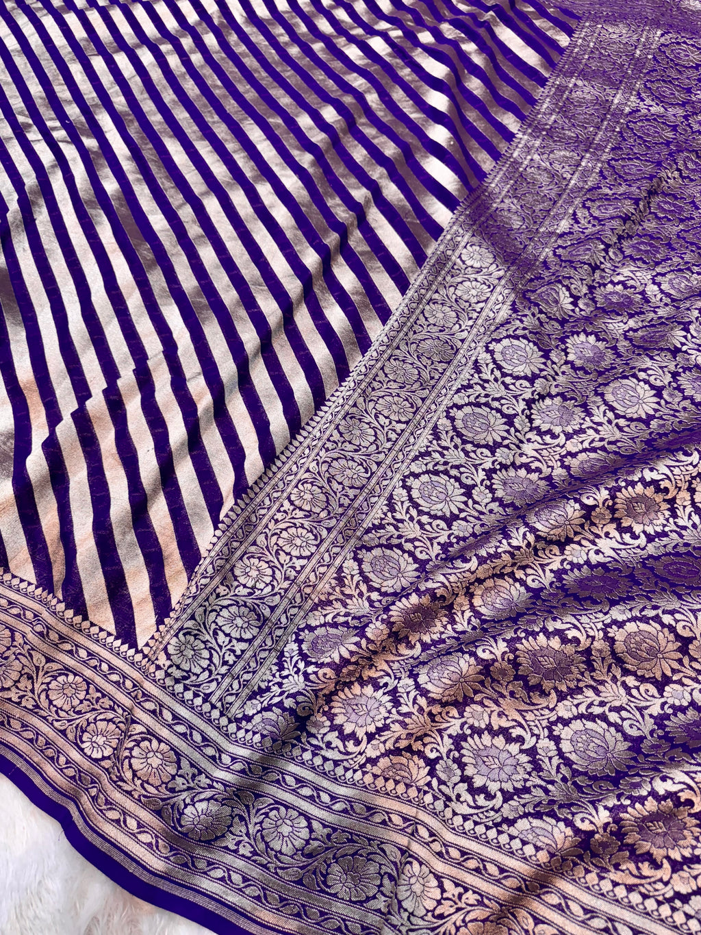 Purple 100% Pure Banarasi Khaddi Georgette Stripes Saree