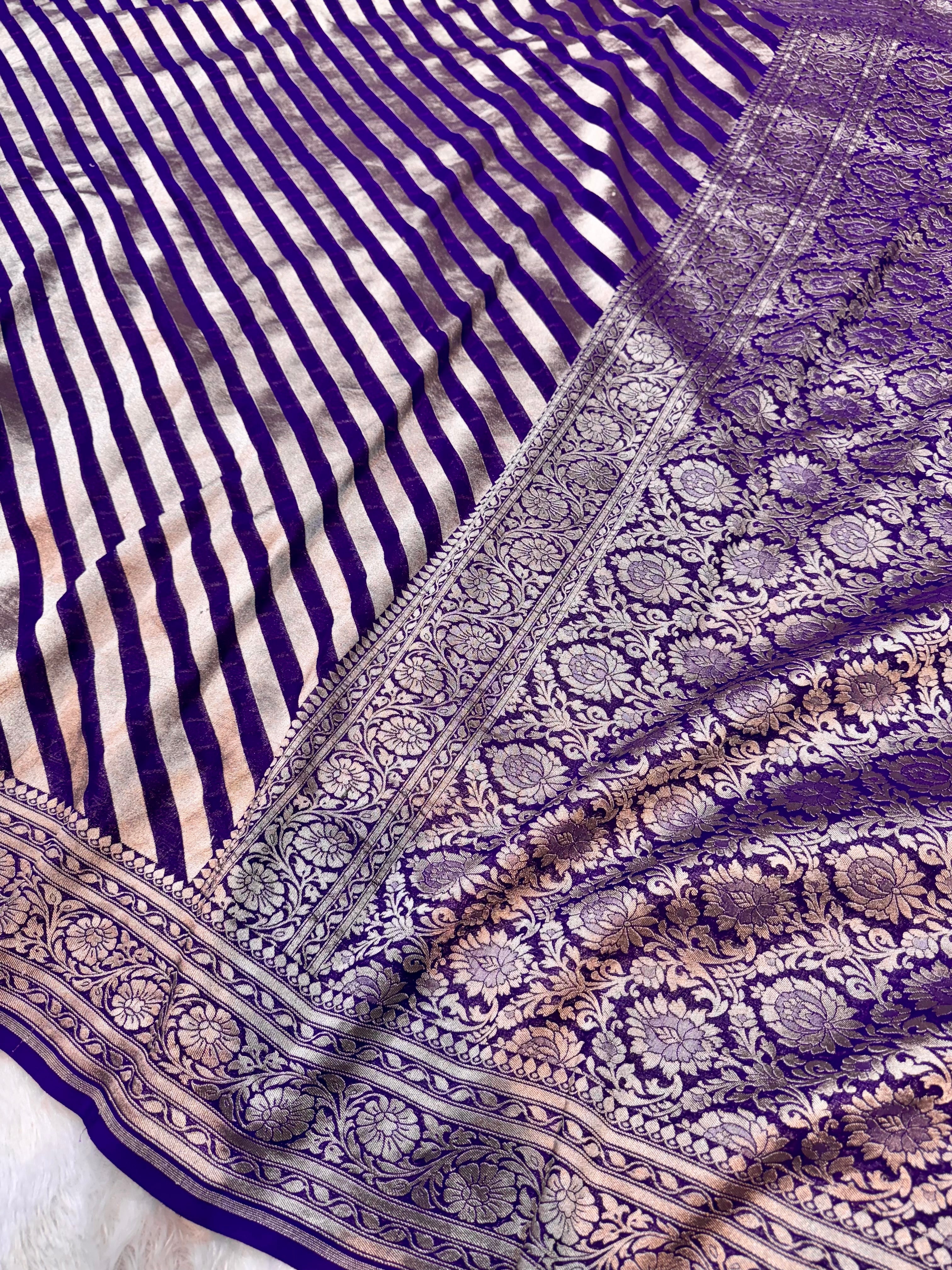 Purple 100% Pure Banarasi Khaddi Georgette Stripes Saree