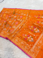 Prebook | Fanta Orange Pure Handloom Banarasi Ektara Kora Jamdani Saree