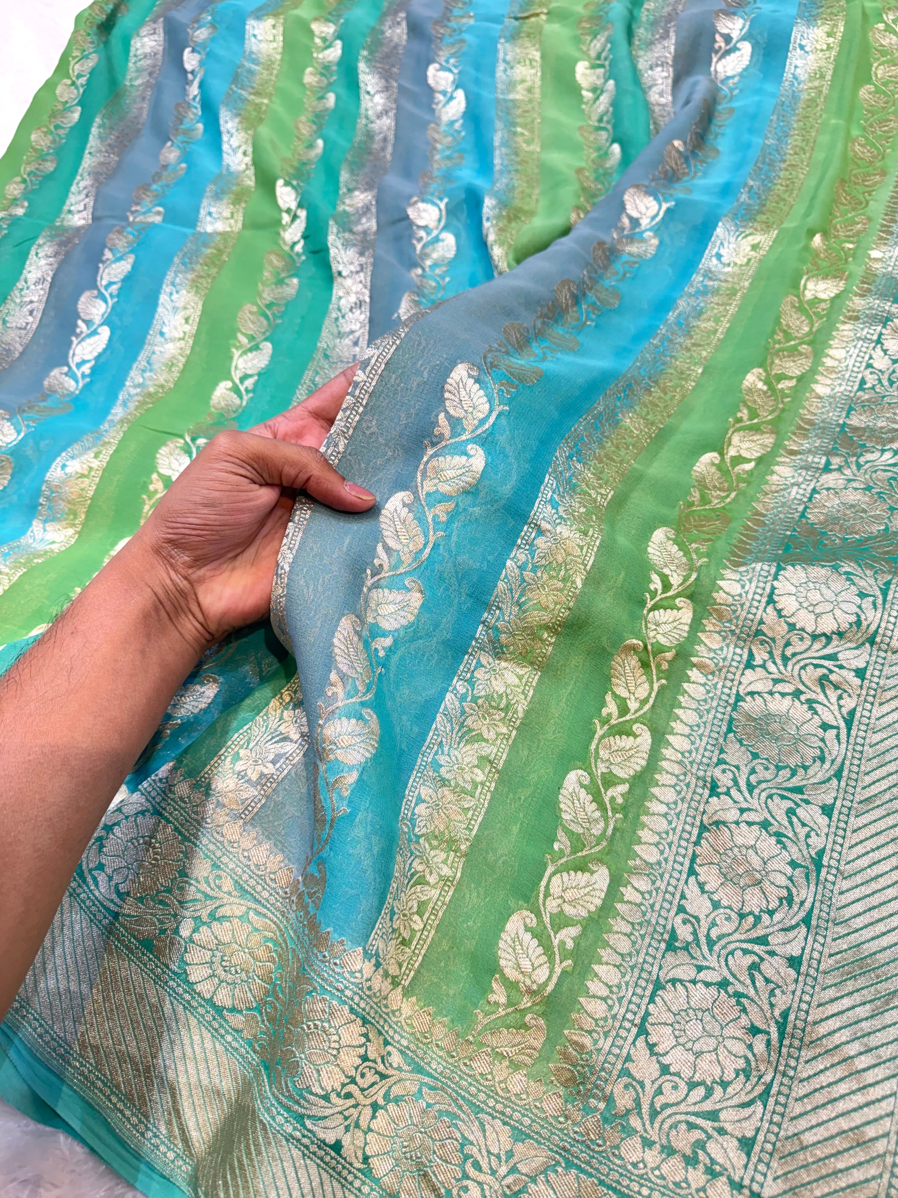 Sea Green 100% Pure Banarasi Khaddi Georgette RANGKAAT Saree