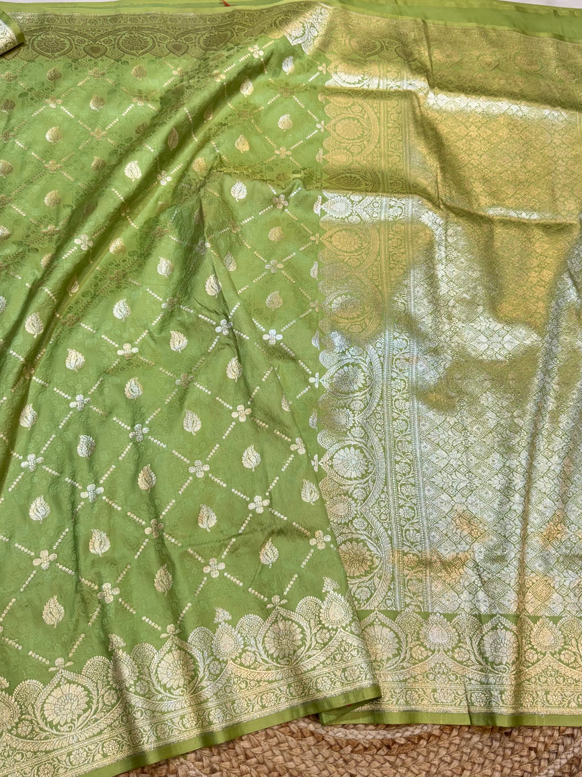 Pista Green Banarasi Soft Mashru Silk Partywear Saree