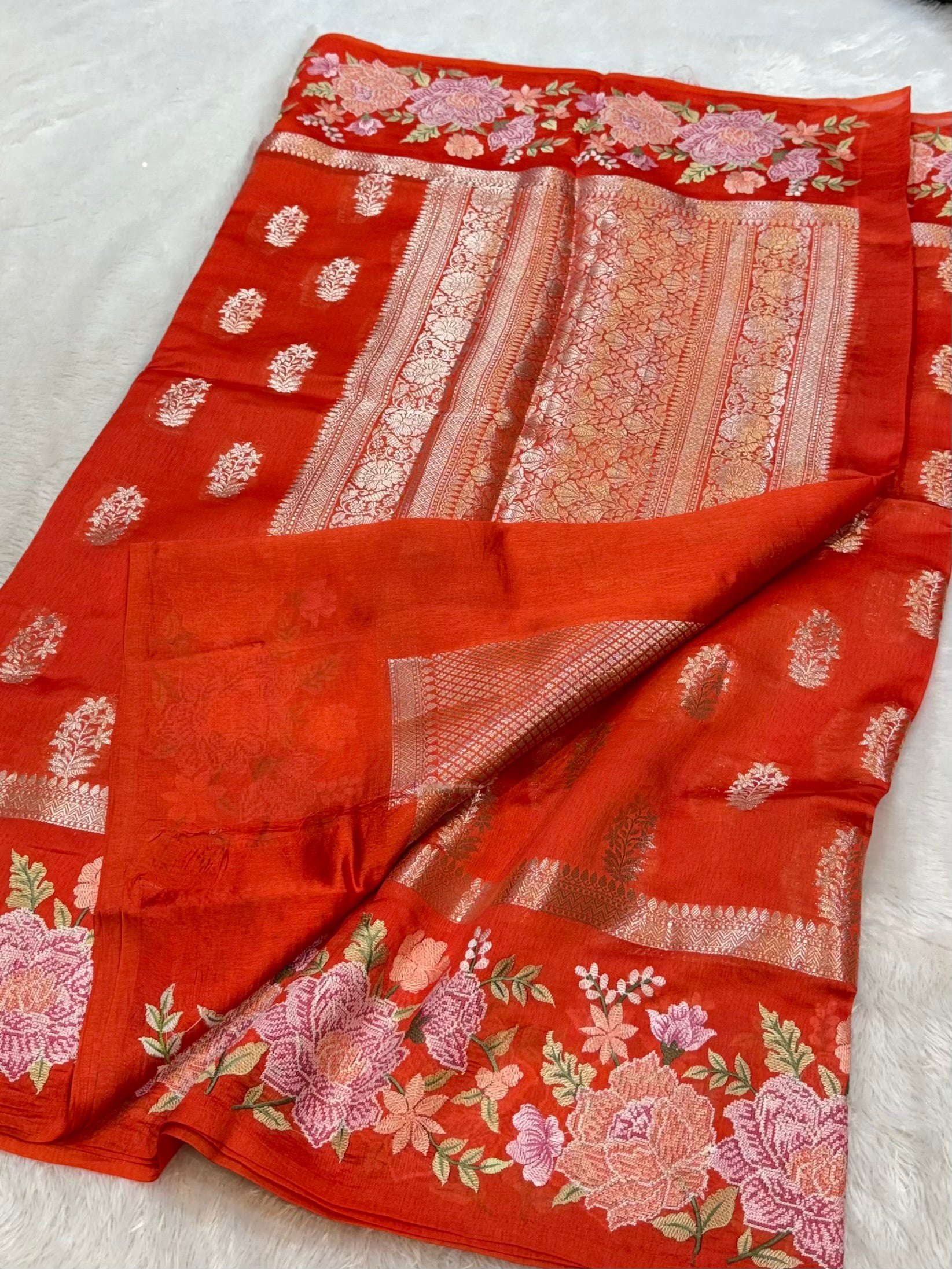Prebook | Fanta Orange 100% Pure Banarasi Poona Silk Raw Mango Saree
