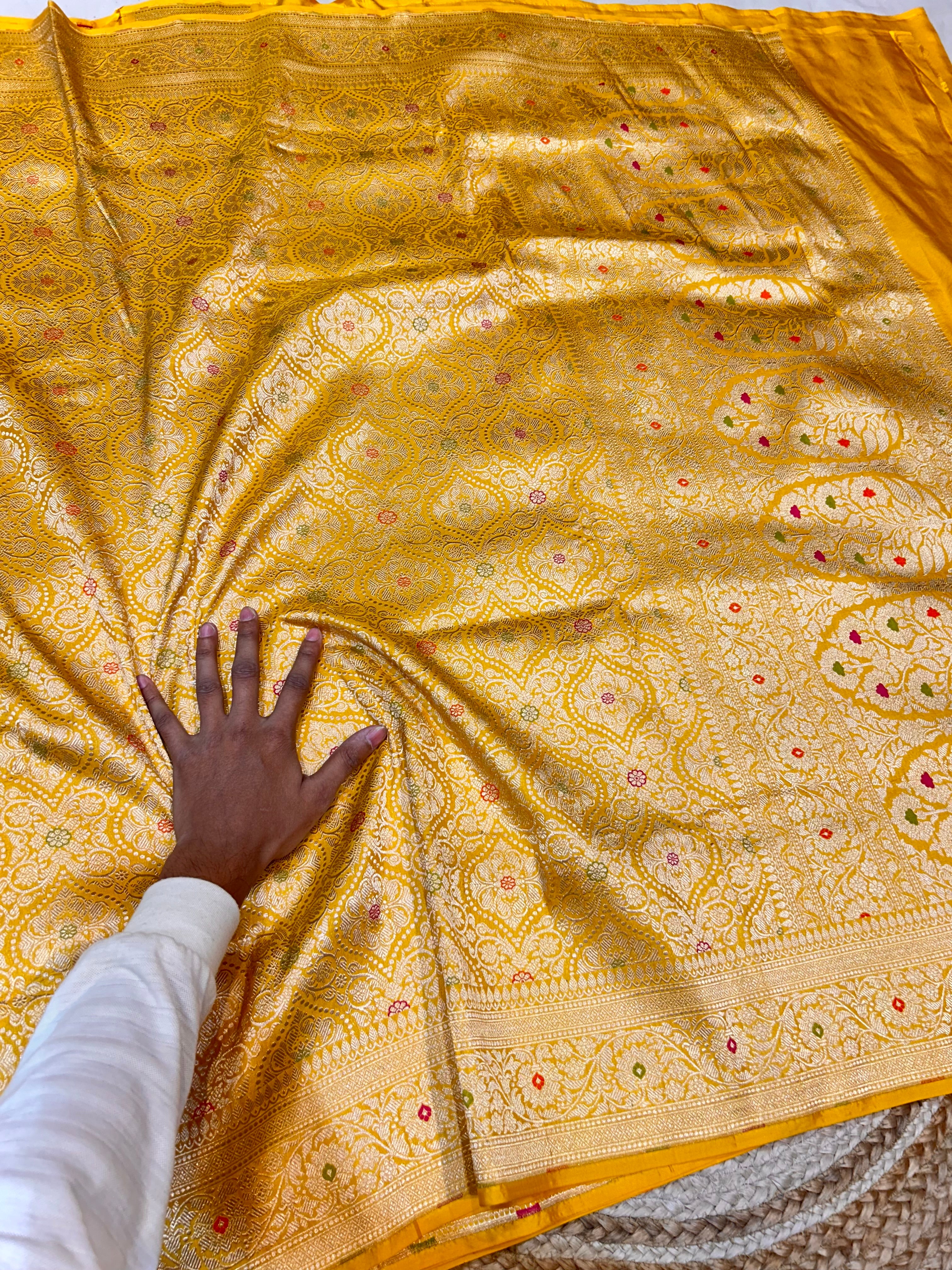 Yellow Gold 100% Pure Banarasi Katan Silk Meenakari Brocade Saree