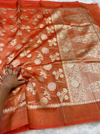Diamond Orange 100% Pure Tissue Silk Banarasi Partywear Saree