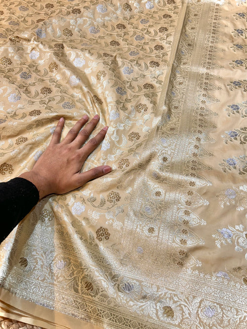 Beige Banarasi SemiKatan Silk Partywear Saree